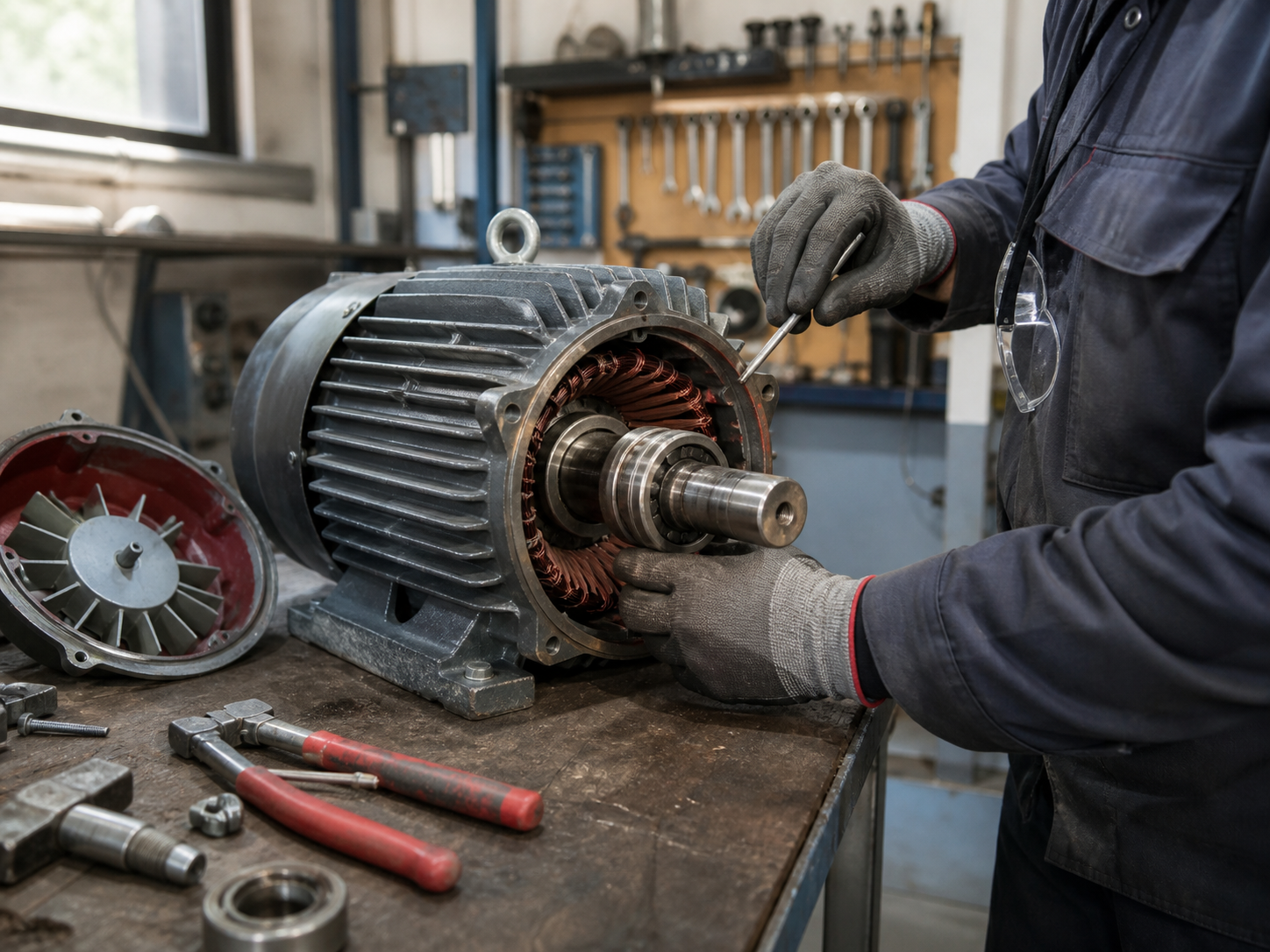 Técnico dando servicio a un motor eléctrico en un banco de trabajo